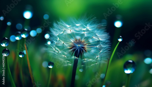 Dewy Dandelion: Macro Close-up with Sparkling Bokeh and Dark Blue Green Background, generative AI