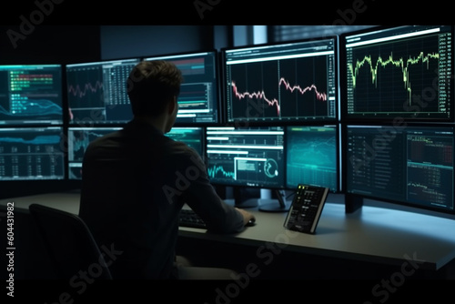 Business, finance and occupation concept. Man doing analysis behind multiple screens showing charts and statistics. Stock, crypto, forex, financial market research. Generative AI