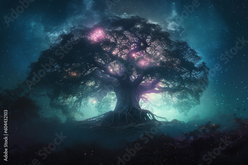Fantasy, sci-fi, nature, state of mind concept. Colorful glowing with star dust tree of life in cosmic space background. Generative AI
