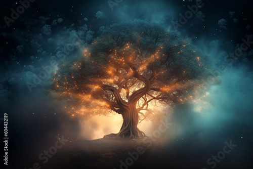 Fantasy  sci-fi  nature  state of mind concept. Colorful glowing with star dust tree of life in cosmic space background. Generative AI