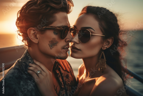 Cropped closeup portrait of a beautiful cute couple enjoying each other at sunset by the sea.Generative AI