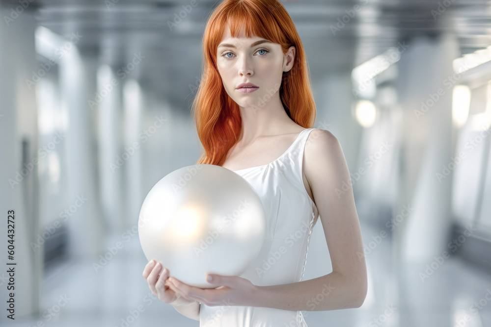 Cyborg doll living in a bubble young woman or doll in futuristic style in a field of white spheres mechanical realis, generative ai, background, cover, magazin Cyborg doll living in a bubble young woman or doll in futuristic style in a field of white spheres mechanical realis, generative ai, background, cover, magazin