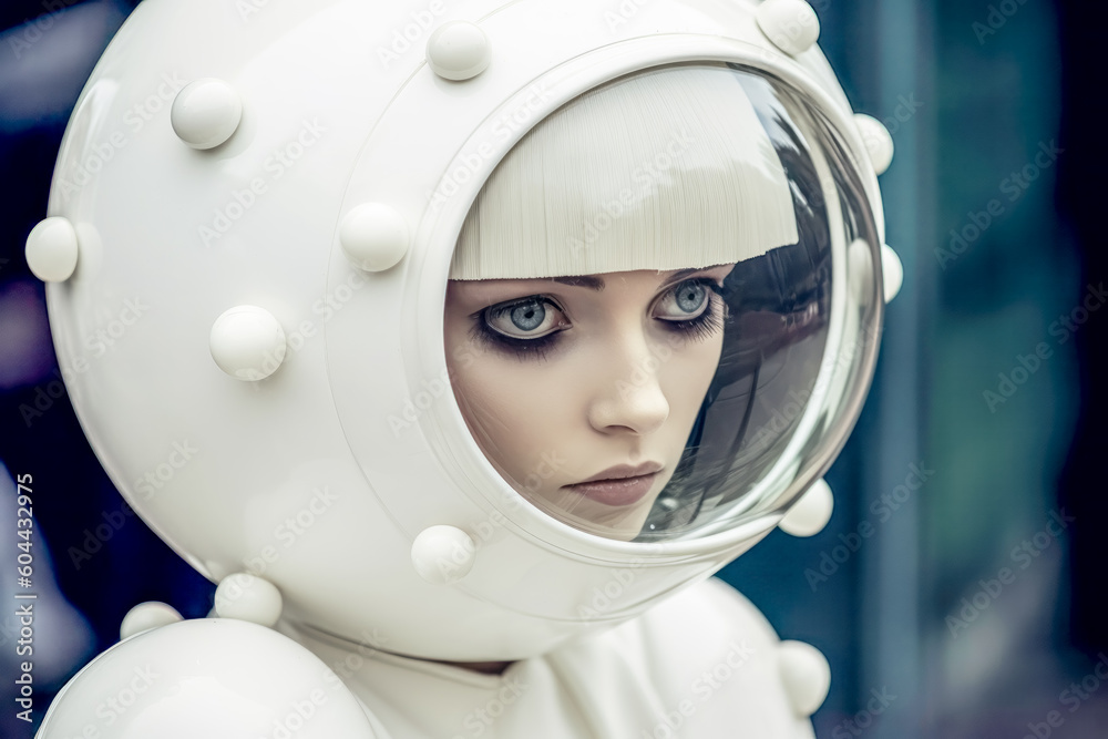 Cyborg doll living in a bubble young woman or doll in futuristic style in a field of white spheres mechanical realis, generative ai, background, cover, magazin Cyborg doll living in a bubble young woman or doll in futuristic style in a field of white spheres mechanical realis, generative ai, background, cover, magazin