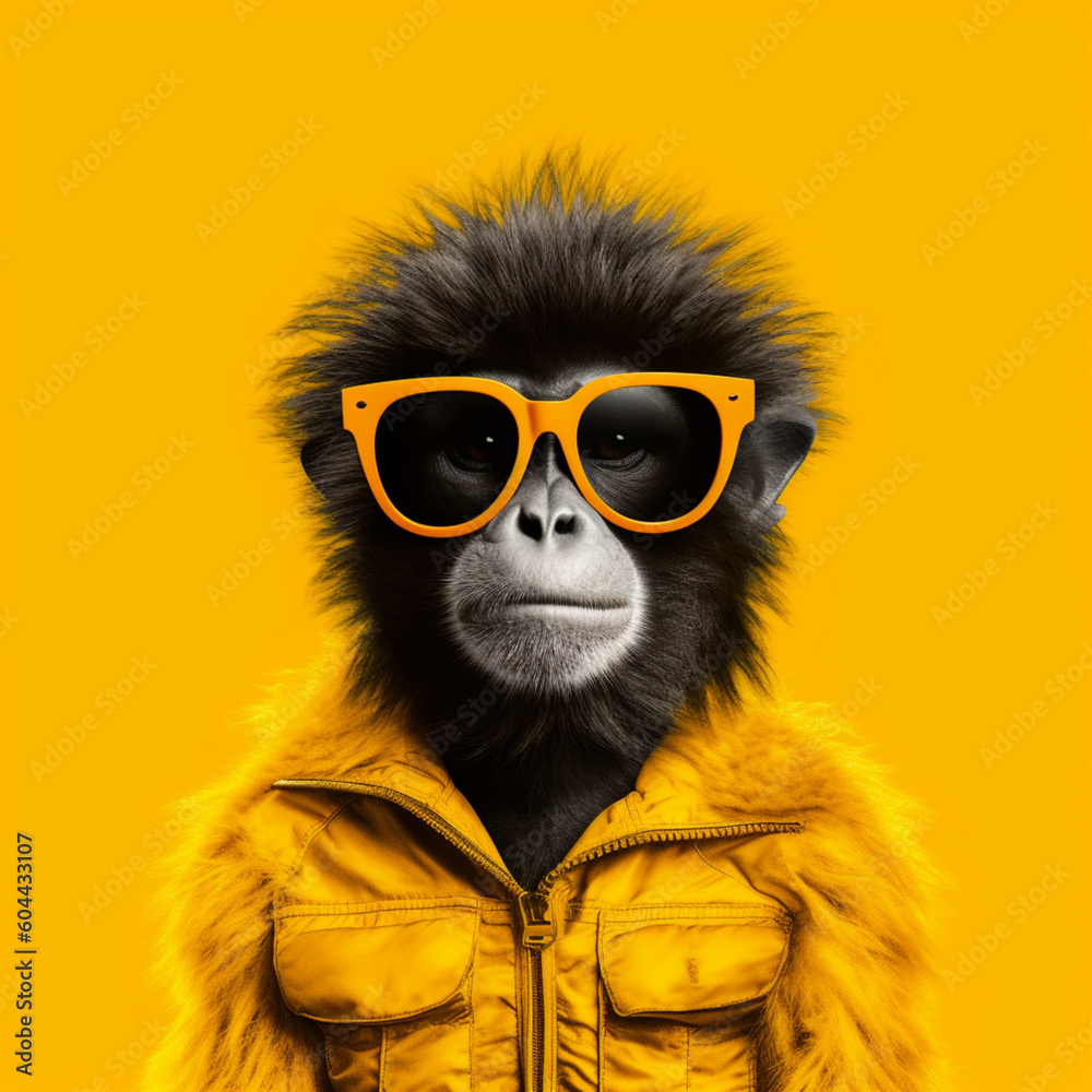 Monkey with sunglasses on yellow background. Generative AI.