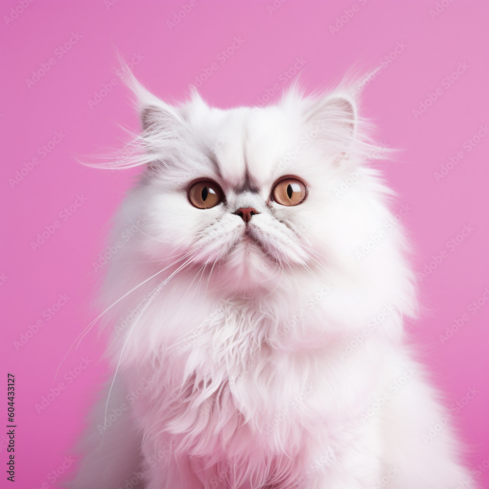 Persian cat on pink background. Generative AI.
