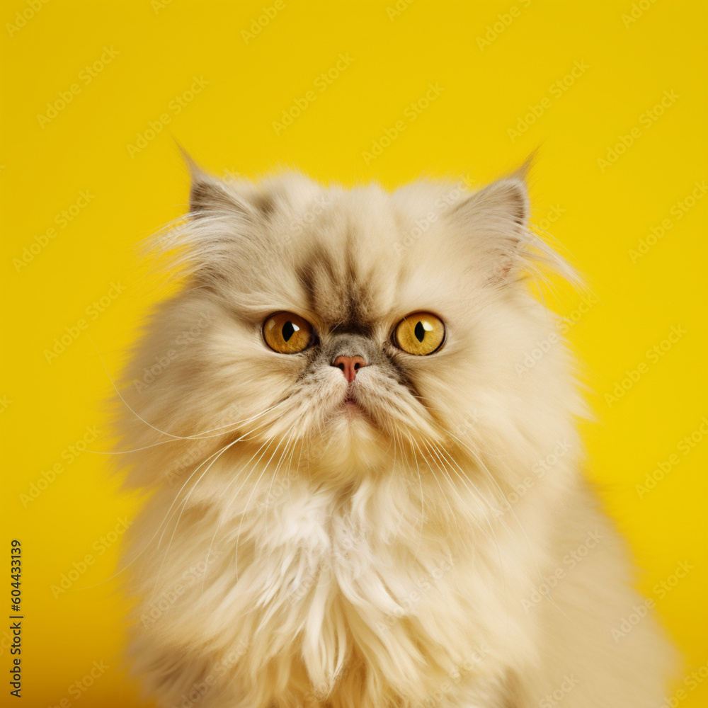 Persian cat on yellow background. Generative AI.
