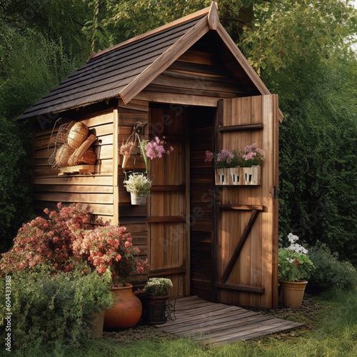 Wooden garden shed. Generative AI.