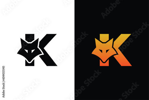 Initial Letter K with Fox Logo Design. Fox letter K logo with animal design template