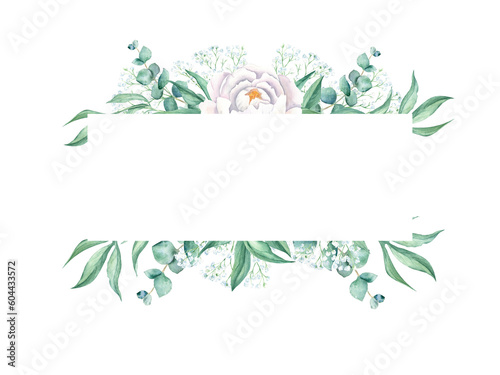 Watercolor horizontal frame, white peony, eucalyptus and gypsophila branches. Hand drawn botanical illustration isolated on white background. Can be used for wedding, greeting cards, baby shower
