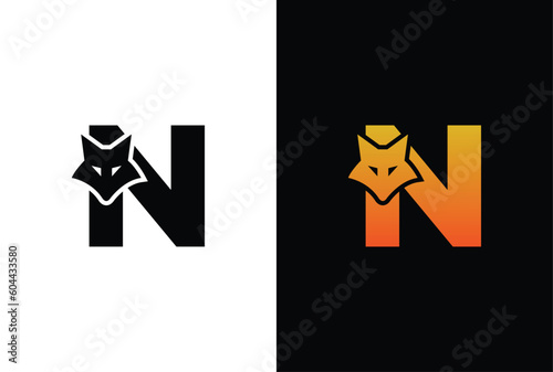 Initial Letter N with Fox Logo Design. Fox letter N logo with animal design template
