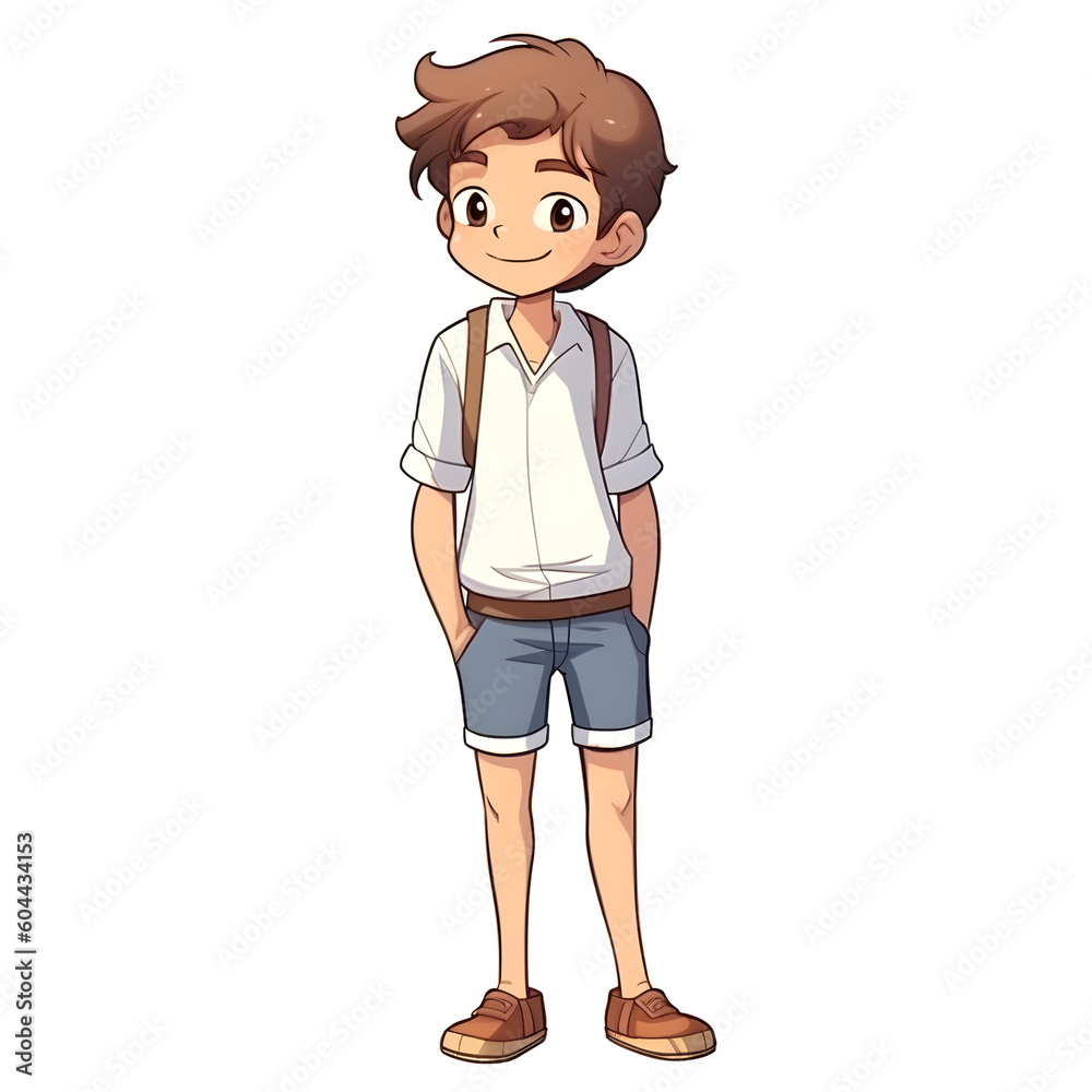 Young man and brown hair standing cute cartoon Young man and brown hair standing cute cartoon
