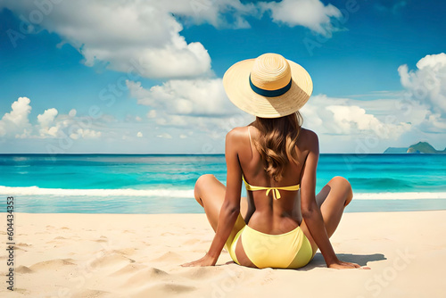 woman with straw hat sunbathing on tropical beach
