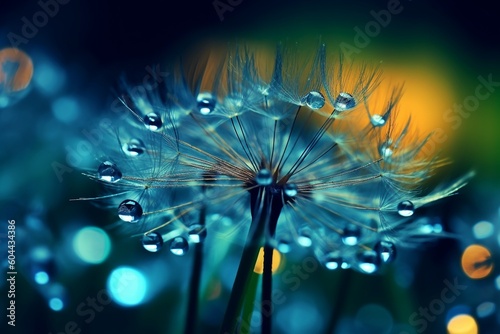 beautiful shiny dew water drops on a dandelion seed  macro photography  selective focus. High quality photo Generative AI