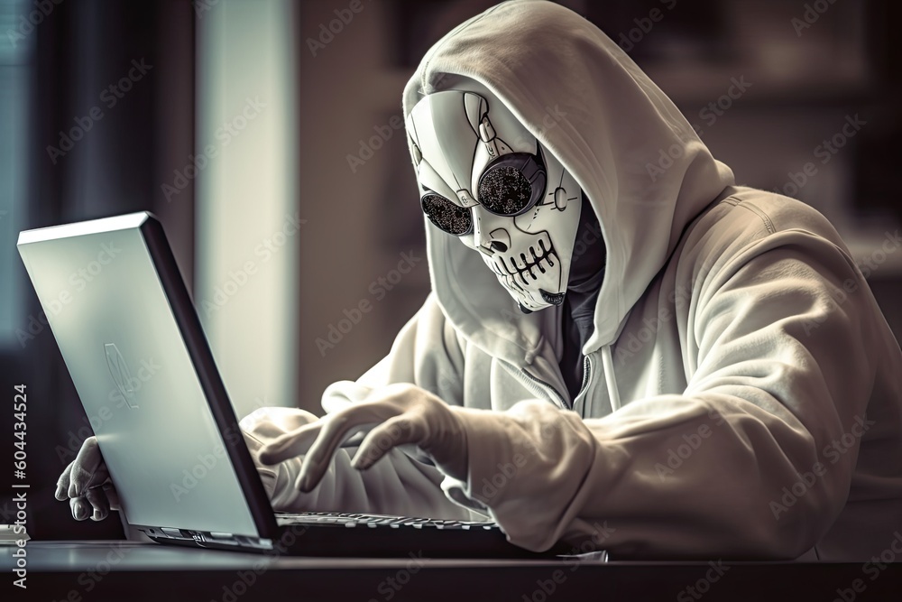 hacker stealing data . Anonymous robot hacker with skull mask typing computer laptop. Concept of hacking cybersecurity, cybercrime, cyberattack hacker stealing data . Anonymous robot hacker with skull mask typing computer laptop. Concept of hacking cybersecurity, cybercrime, cyberattack