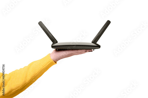black wifi router on female hand isolated on transparent background