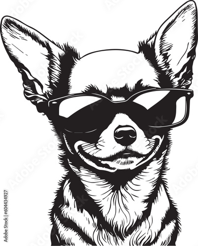 Portrait of Chihuahua puppy with glasses, thug life. Vector art illustration. T-shirt design. print friendly, with no background only black. easy to change color with separate named paths and layers