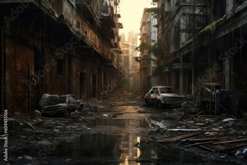 AI Generated Hyperrealism dark abandoned city dirt trash everywhere background © NikahGeh
