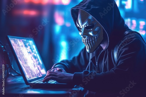 hacker stealing data . Anonymous robot hacker with skull mask typing computer laptop. Concept of hacking cybersecurity, cybercrime, cyberattack Generative AI