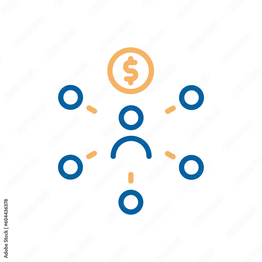 Affiliate marketing. Vector thin stroke line icon. Person with a coin above head and surrounded by circles representing various affiliate programs and networks they are affiliated with.