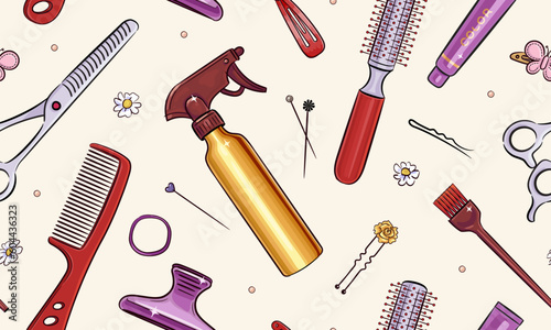Seamless pattern with hand drawn hairdressing salon objects. Wallpaper, textile, wrapping paper design template. Vector illustration of hairbrush, scissors and hair accessories