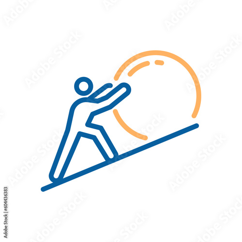 Vector thin stroke line icon. Person pushing up rock uphill in the mountain. Determination  strength and willpower