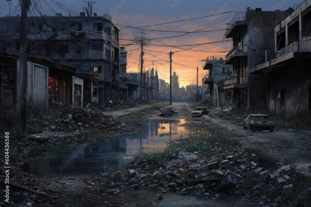 AI Generated Hyperrealism dark abandoned city dirt trash everywhere background