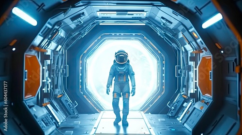 Fototapeta Naklejka Na Ścianę i Meble -  Astronaut has fun and jumps out of the spaceship's airlock. An astronaut jumps out of a spaceship into outer space. The animation is designed for fantastic, futuristic or space travel backgrounds..AI
