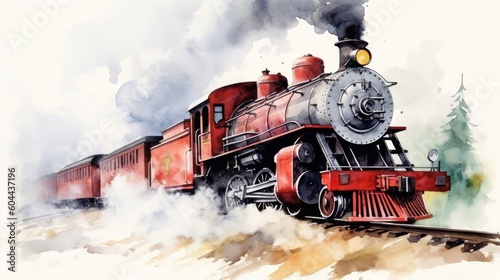 Leinwand Poster Watercolor Steam engine train background. Generative AI