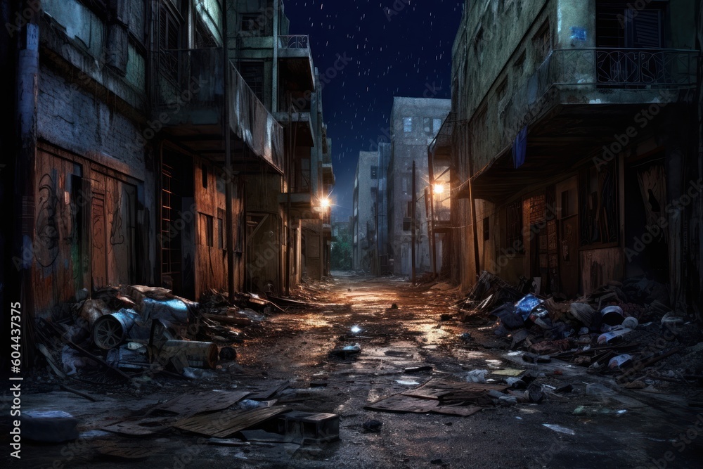 AI Generated Hyperrealism dark abandoned city dirt trash everywhere background