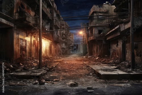 AI Generated Hyperrealism dark abandoned city dirt trash everywhere background