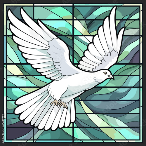 White dove flying, church colored window, vector illustration