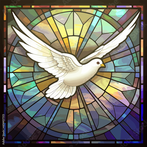 White dove flying, church colored window, vector illustration