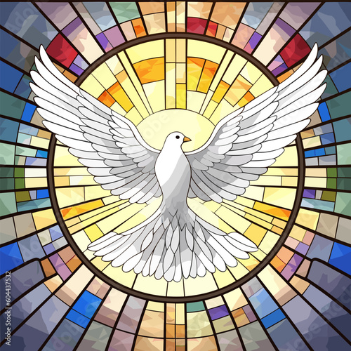 White dove flying, church colored window, vector illustration