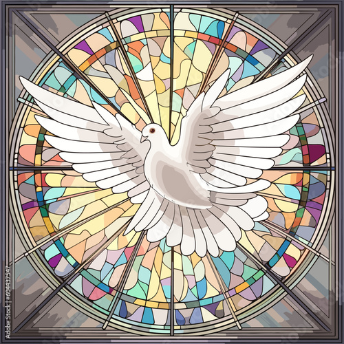 White dove flying, church colored window, vector illustration