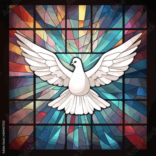 White dove flying, church colored window, vector illustration