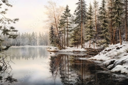 AI Generated Hyperrealism lake view with forest and river in winter view background