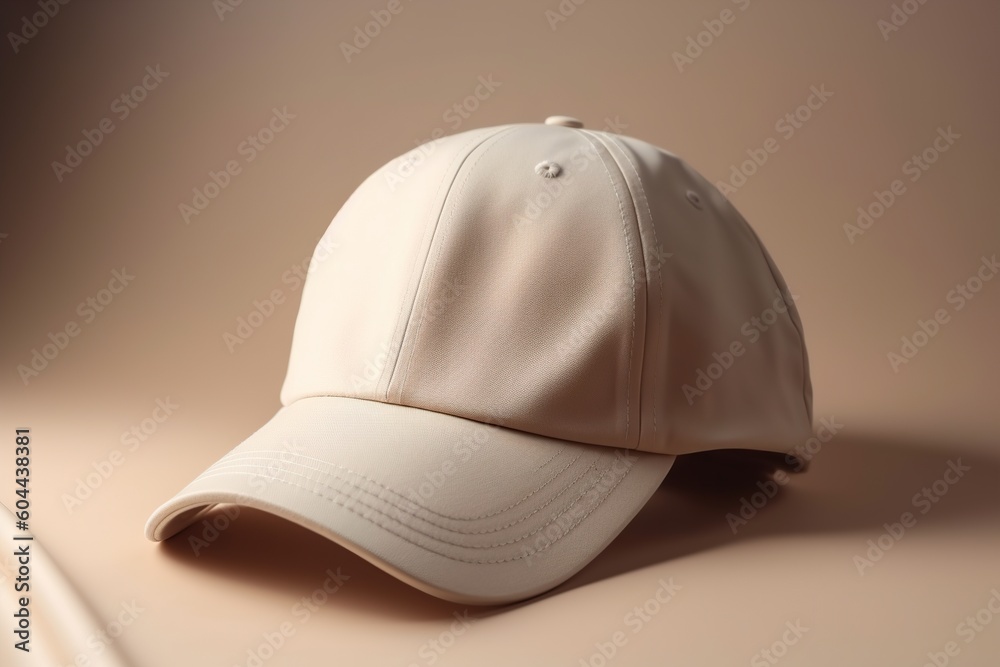 Beige blank cap on beige background. Baseball cap mockup, template. Copy space for text, logo, graphic, print. Basecap mock up. Close up view. Generative AI.