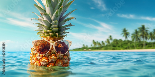 Tropical Pineapple with sunglasses on summer sea background, generative AI