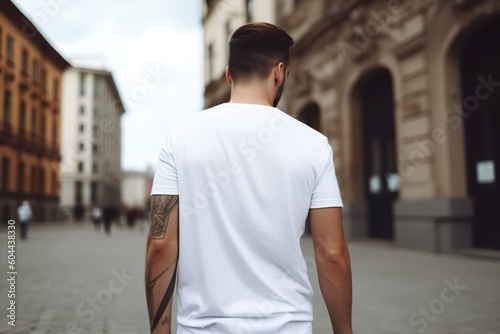 Young man with white blank T-shirt. Shirt mockup, template, back view. Copy space for text, logo, graphic, print. Tshirt mock up. Close up. Generative AI.