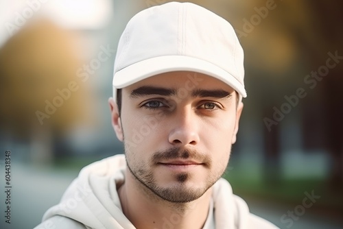 Young man with white blank cap. Baseball cap mockup, template. Copy space for text, logo, graphic, print. Basecap mock up. Close up view. Generative AI. © Kassiopeia 