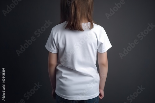 Little child with white blank T-shirt, back view. Shirt mockup, template. Copy space for text, logo, graphic, print. Tshirt mock up. Close up. Generative AI.