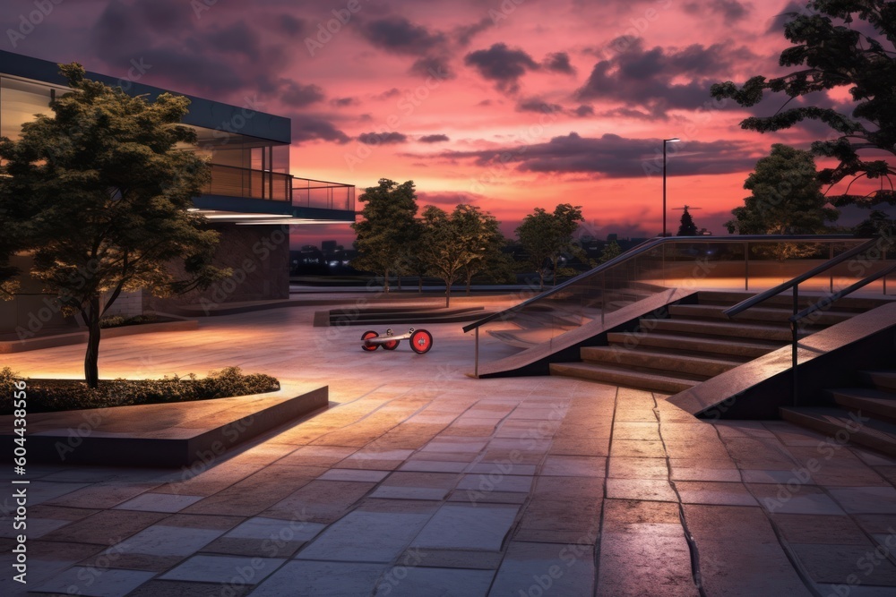 AI Generated Hyperrealism skatepark evening view in the city background