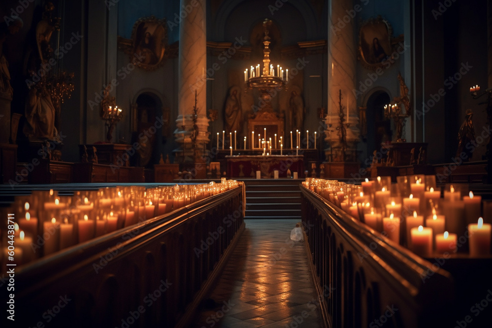 Fototapeta premium Serene church interior with many candles. Ai generated