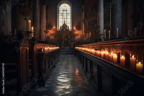 Serene church interior with many candles. Ai generated