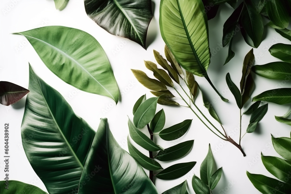 Fototapeta Leaves or leaf wallpaper on white background vector illustration. Ai generated