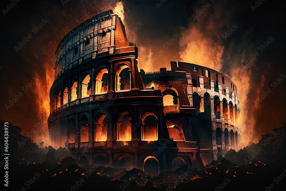 Roman Colosseum on fire illustration. Ai generated
