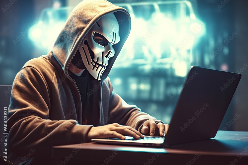 hacker stealing data . Anonymous robot hacker with skull mask typing computer laptop. Concept of hacking cybersecurity, cybercrime, cyberattack hacker stealing data . Anonymous robot hacker with skull mask typing computer laptop. Concept of hacking cybersecurity, cybercrime, cyberattack