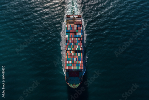 Container ship sailing aerial drone photography. Ai generated