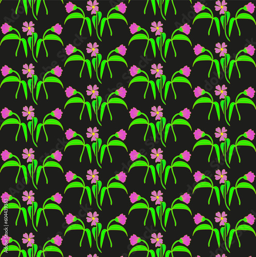 Seamless vector texture in the form of painted pink flowers and leaves on a black background © Vera