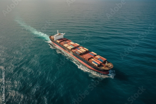 Container ship sailing aerial drone photography. Ai generated © dragomirescu